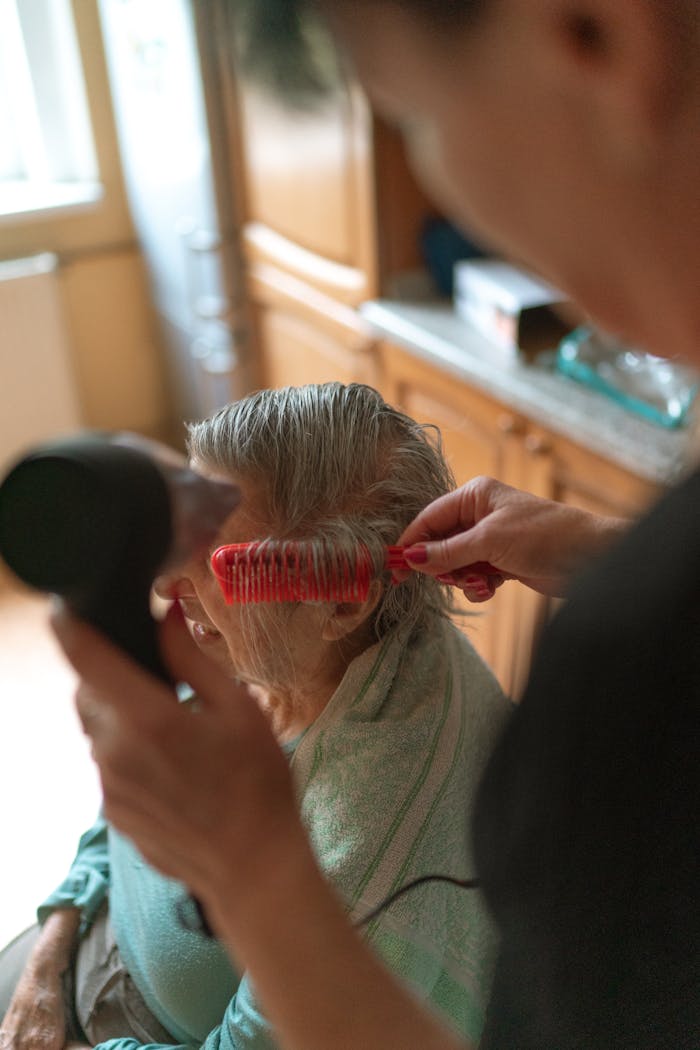 A caregiver assists a senior adult with hair drying and combing at home.